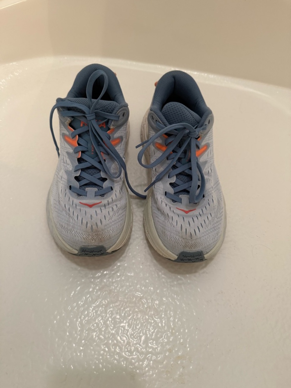 Light Gray and Blue Running Sneakers with Coral Accents Hoka gaviota 4 7.5